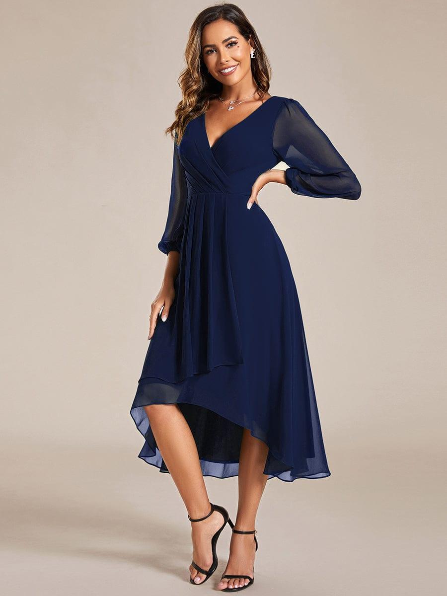 Custom Size Elegant Long Sleeve V-Neck High Low Chiffon Wedding Guest Dress #color_Navy Blue