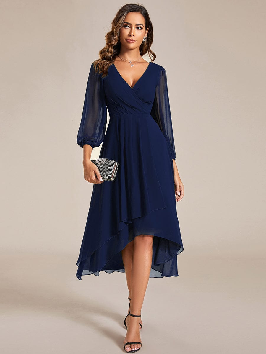 Elegant Long Sleeve V-Neck High Low Chiffon Wedding Guest Dress #color_Navy Blue