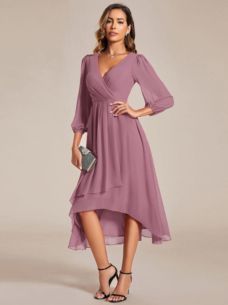 Custom Size Elegant Long Sleeve V-Neck High Low Chiffon Wedding Guest Dress #color_Purple Orchid