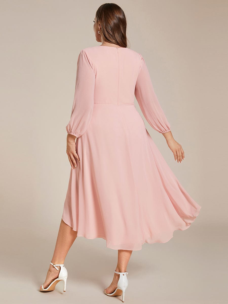 Plus Size Long Sleeve V-Neck Chiffon High Low Wedding Guest Dress #color_Pink