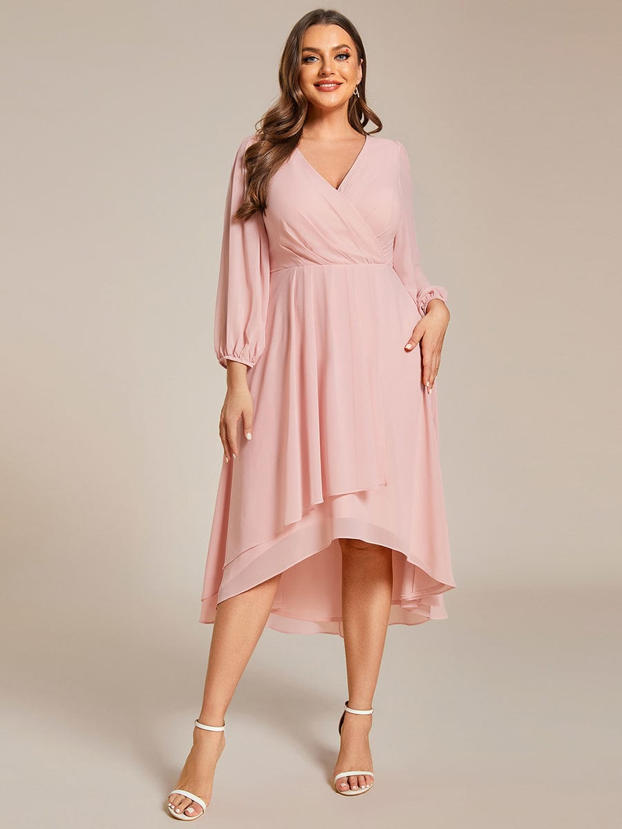 Plus Size Long Sleeve V-Neck Chiffon High Low Wedding Guest Dress #color_Pink