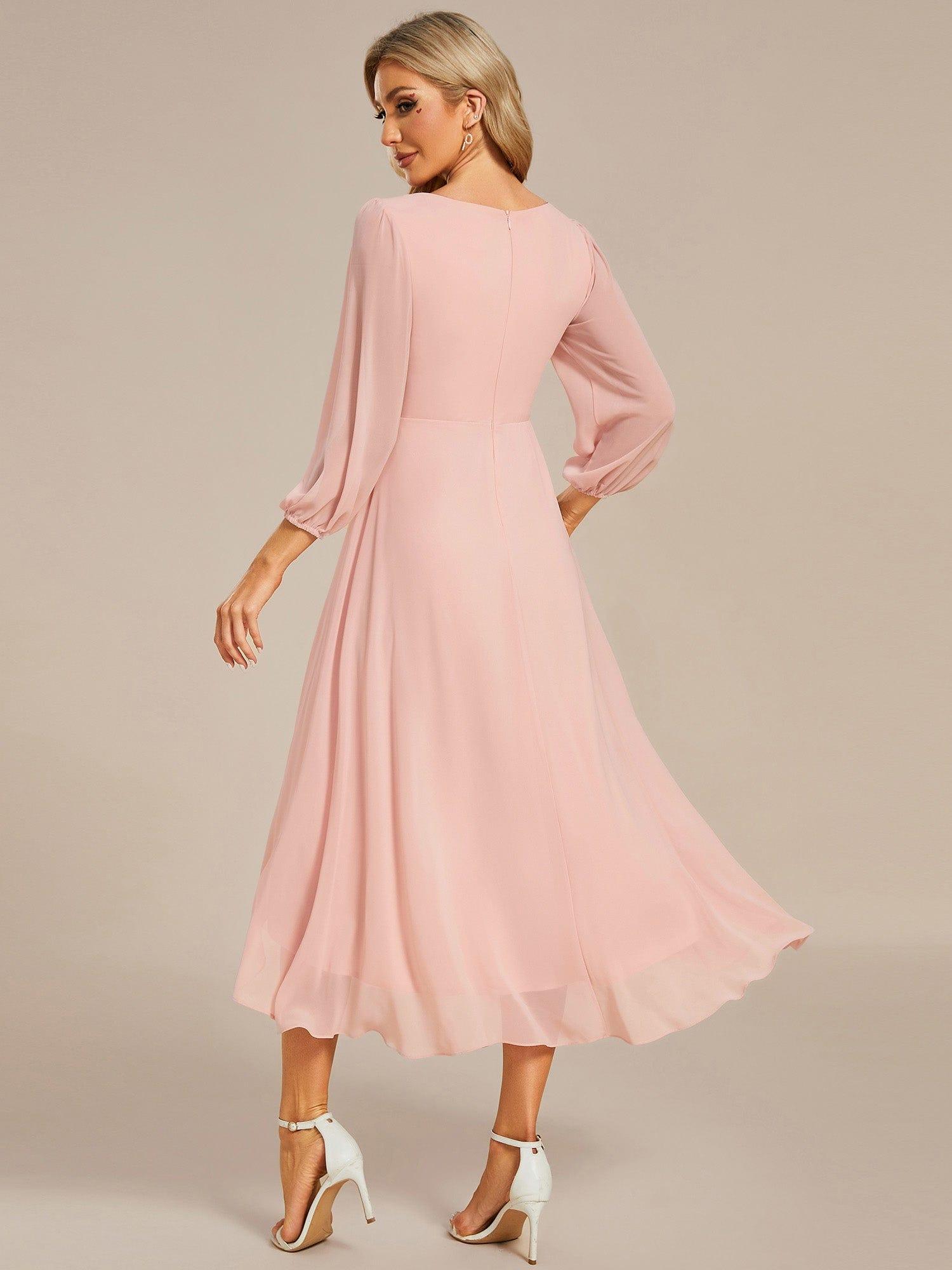 Custom Size Elegant Long Sleeve V-Neck High Low Chiffon Wedding Guest Dress #color_Pink