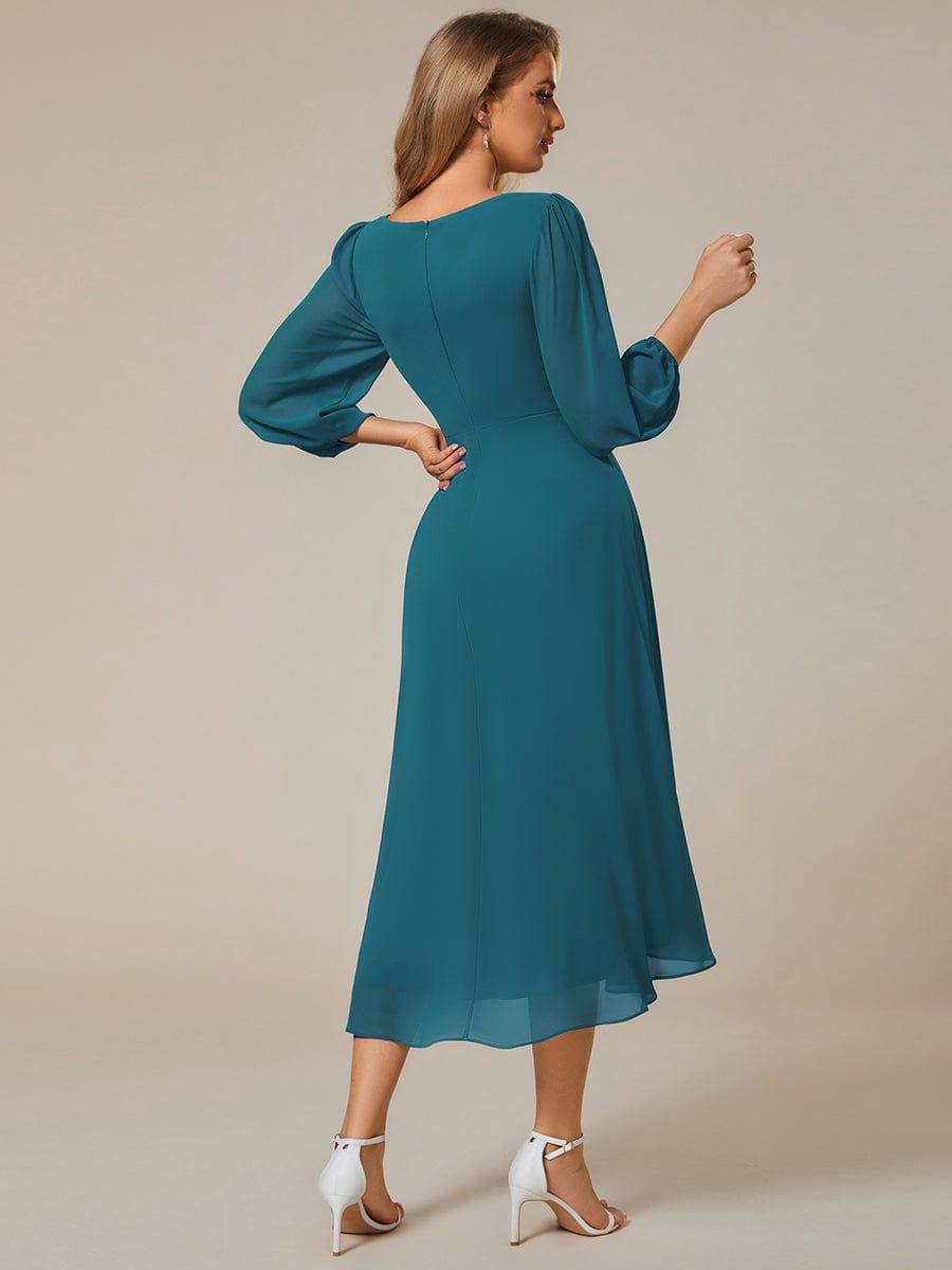 Custom Size Elegant Long Sleeve V-Neck High Low Chiffon Wedding Guest Dress #color_Teal