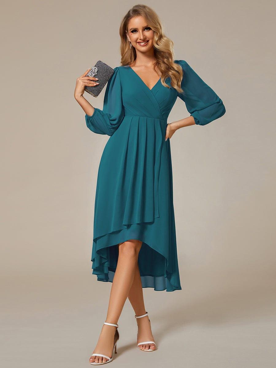 Custom Size Elegant Long Sleeve V-Neck High Low Chiffon Wedding Guest Dress #color_Teal