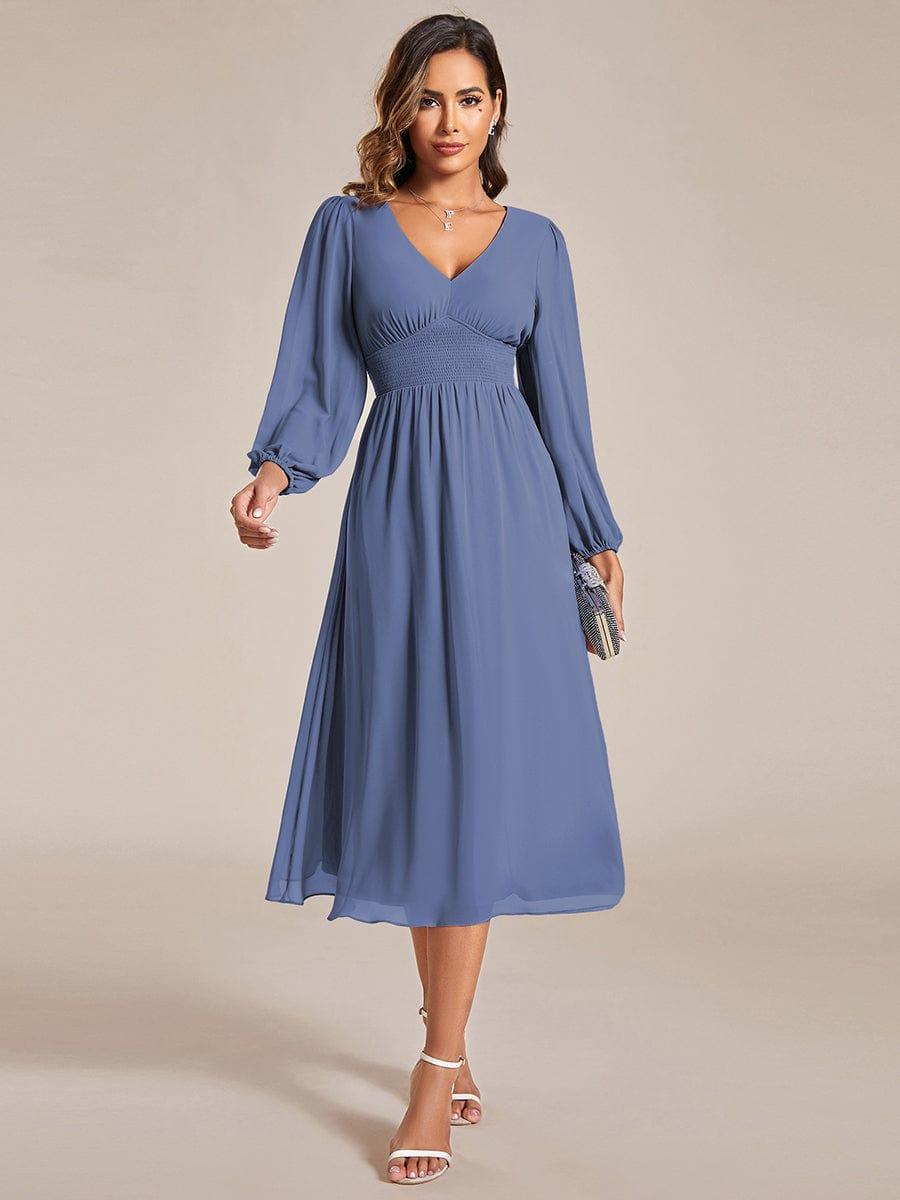 Elegant V Neck Midi Wedding Guest Dress | Long Sleeves | A Line | Chiffon - Ever-Pretty UK Elegant V Neck Midi Wedding Guest Dress | Long Sleeves | A Line | Chiffon - Ever-Pretty UK