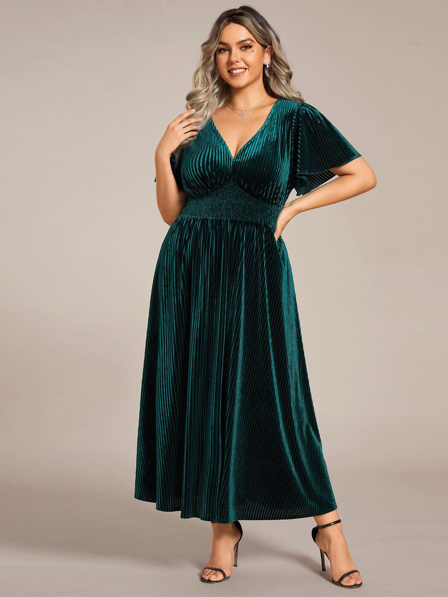 Striped Velvet Flutter Sleeves V-Neck Midi Evening Dress #color_Dark Green