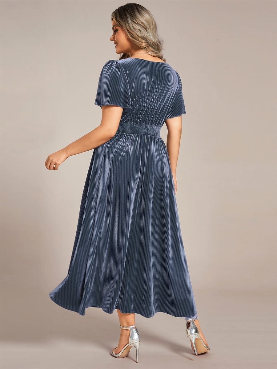 Striped Velvet Flutter Sleeves V-Neck Midi Wedding Guest Dress #color_Dusty Blue