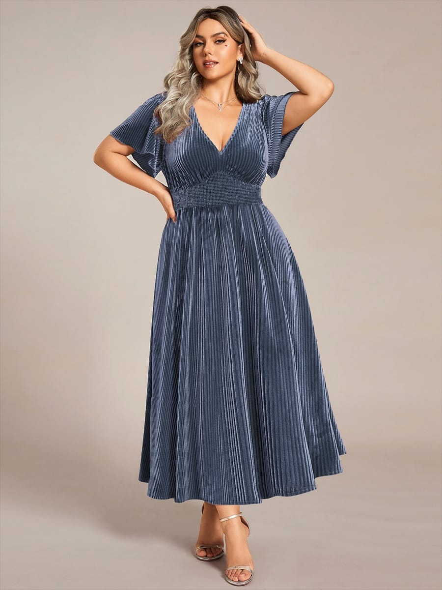 Striped Velvet Flutter Sleeves V-Neck Midi Wedding Guest Dress #color_Dusty Blue