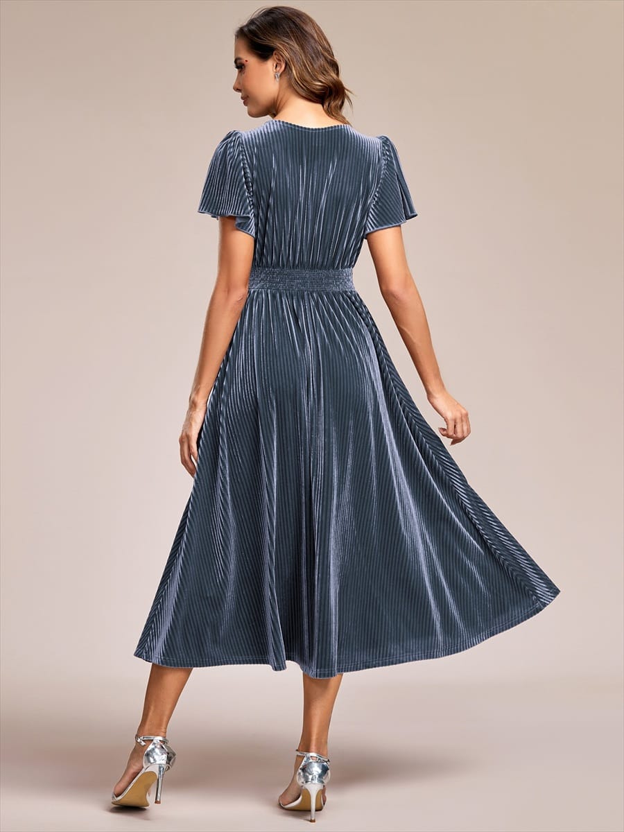Striped Velvet Flutter Sleeves V-Neck Midi Wedding Guest Dress #color_Dusty Blue