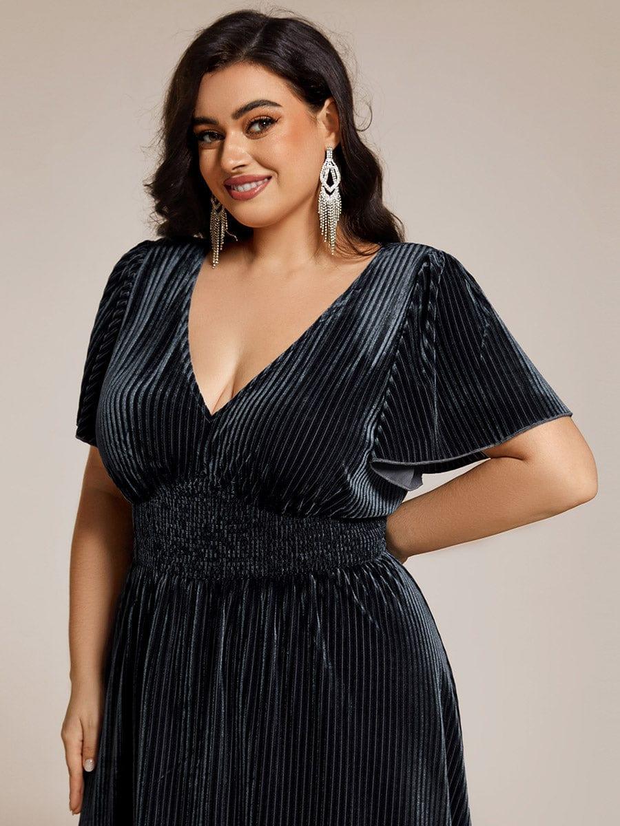 Striped Velvet Flutter Sleeves V-Neck Midi Evening Dress #color_Grey Blue
