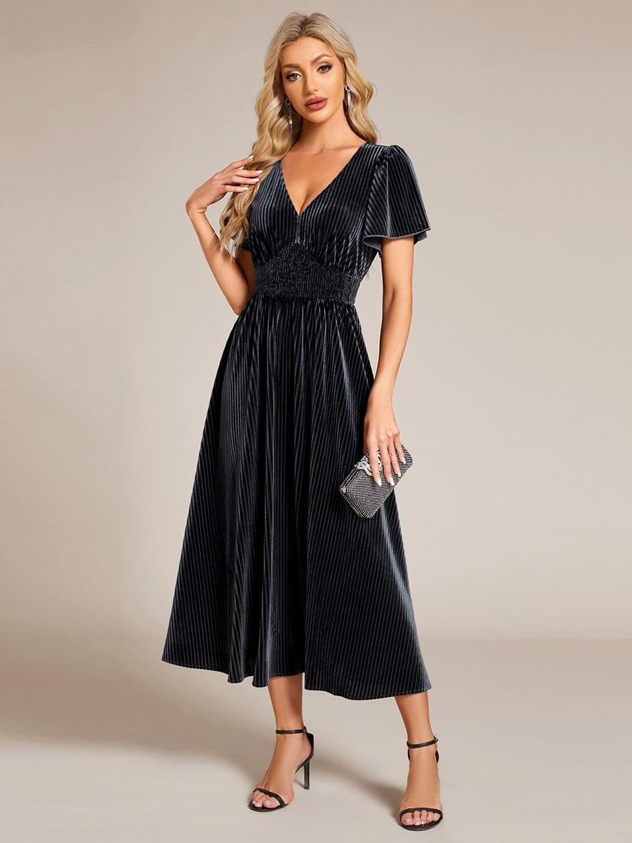 Striped Velvet Flutter Sleeves V-Neck Midi Evening Dress #color_Grey Blue