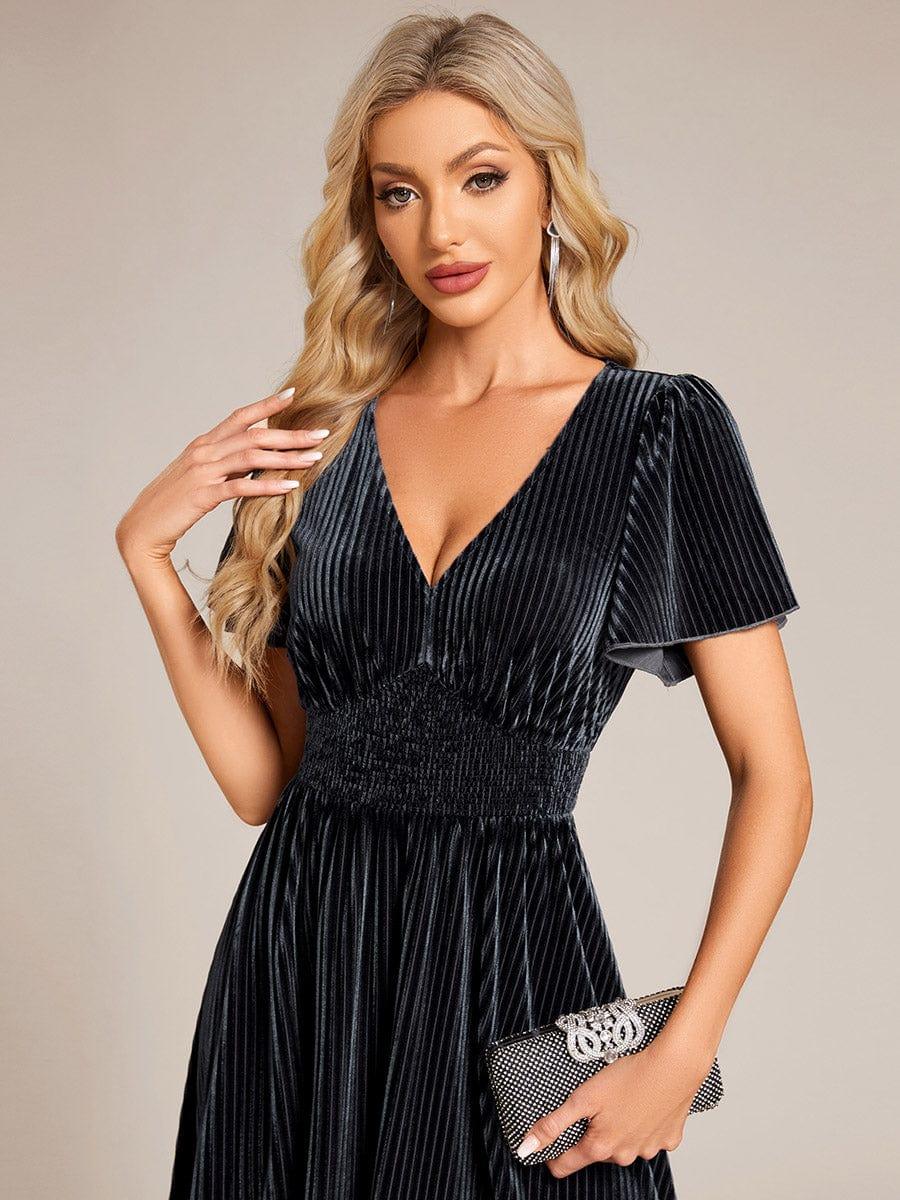Striped Velvet Flutter Sleeves V-Neck Midi Evening Dress #color_Grey Blue