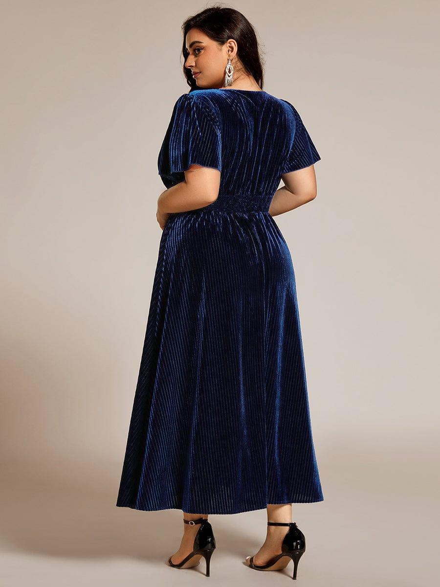 Striped Velvet Flutter Sleeves V-Neck Midi Evening Dress #color_Navy Blue