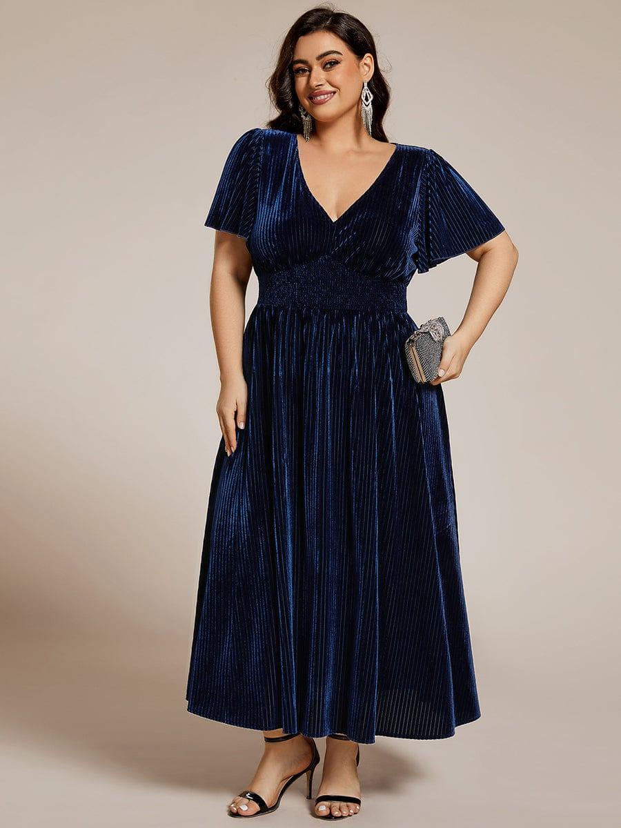 Striped Velvet Flutter Sleeves V-Neck Midi Evening Dress #color_Navy Blue
