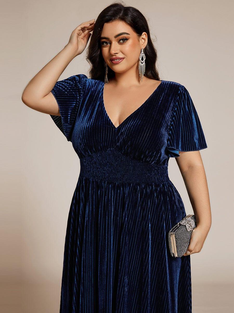 Striped Velvet Flutter Sleeves V-Neck Midi Evening Dress #color_Navy Blue