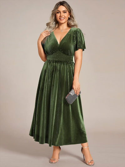 pretty AZALEA|Plus Size A-line V-Neck Short Sleeve Velvet Wedding Guest Dress