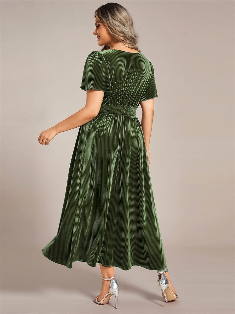 Striped Velvet Flutter Sleeves V-Neck Midi Wedding Guest Dress #color_Olive Green