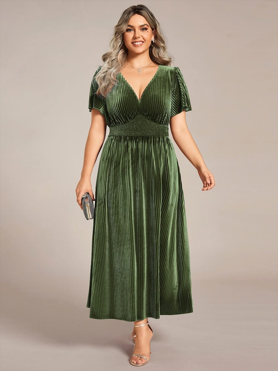 Striped Velvet Flutter Sleeves V-Neck Midi Evening Dress #color_Olive Green