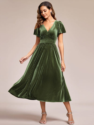 ever AZALEA|Striped Velvet Flutter Sleeves V-Neck Midi Evening Dress