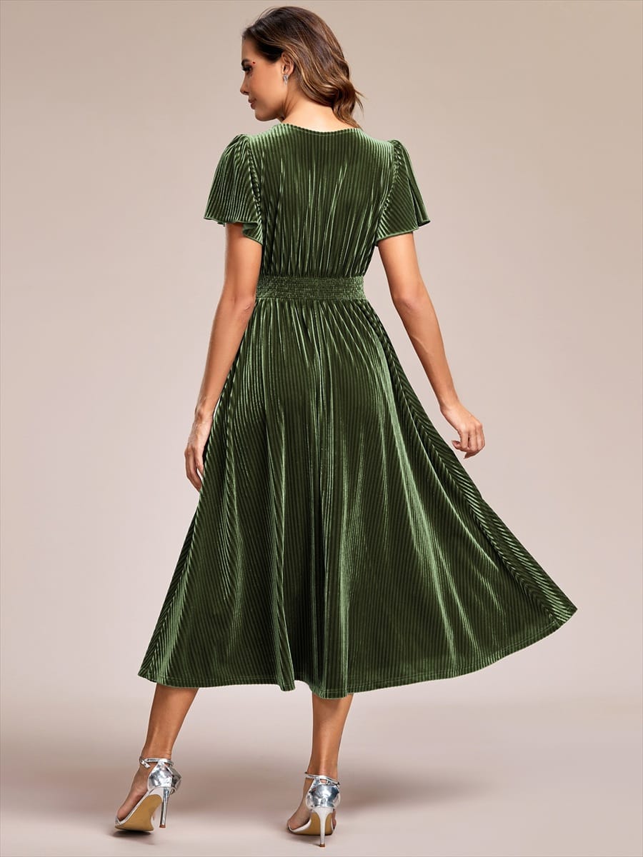 Striped Velvet Flutter Sleeves V-Neck Midi Wedding Guest Dress #color_Olive Green