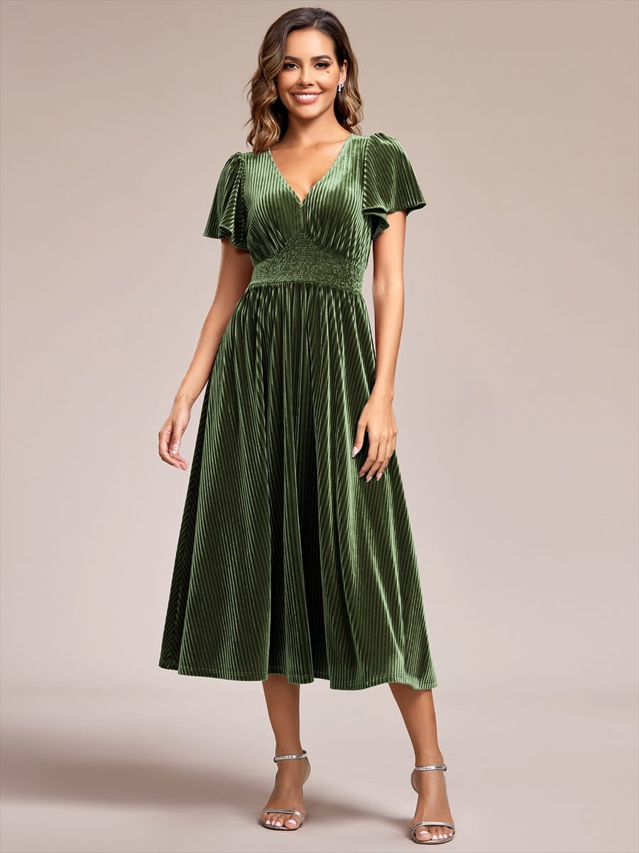 Striped Velvet Flutter Sleeves V-Neck Midi Evening Dress #color_Olive Green