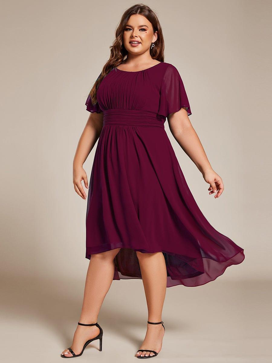 Flowy Chiffon Round Neckline A-Line Knee Length Wedding Guest Dress #color_Burgundy