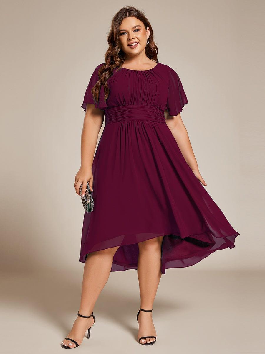 Flowy Chiffon Round Neckline A-Line Knee Length Wedding Guest Dress #color_Burgundy