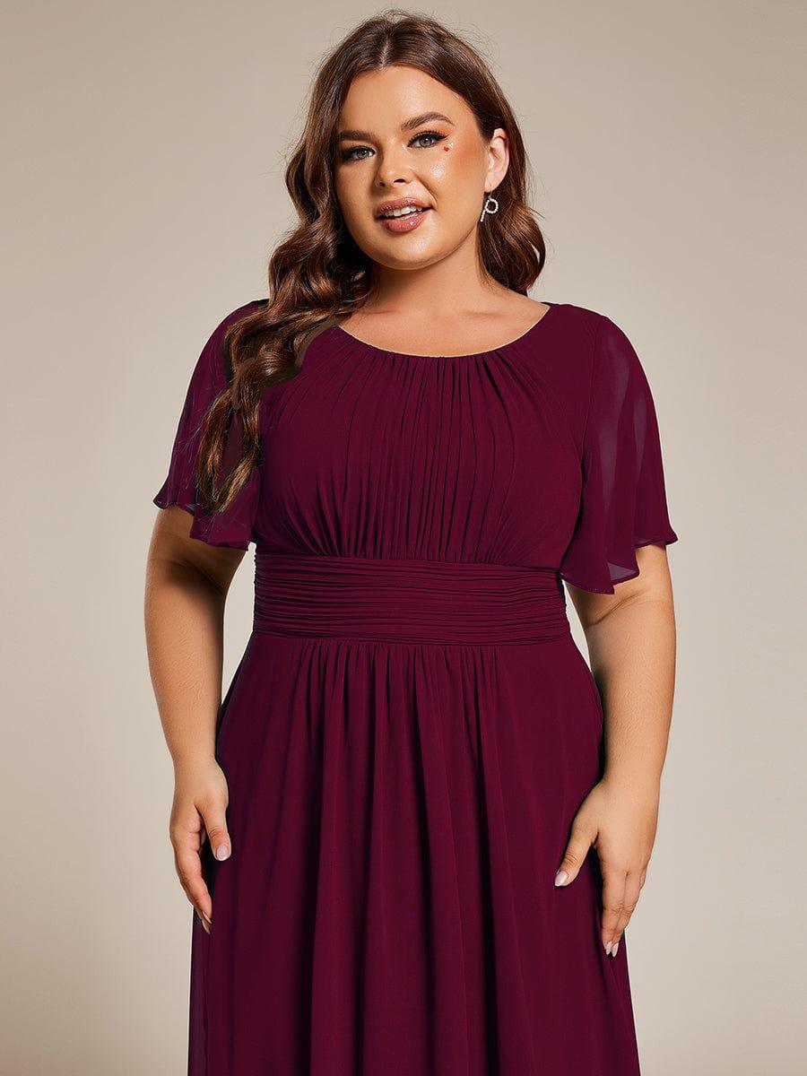 Flowy Chiffon Round Neckline A-Line Knee Length Wedding Guest Dress #color_Burgundy