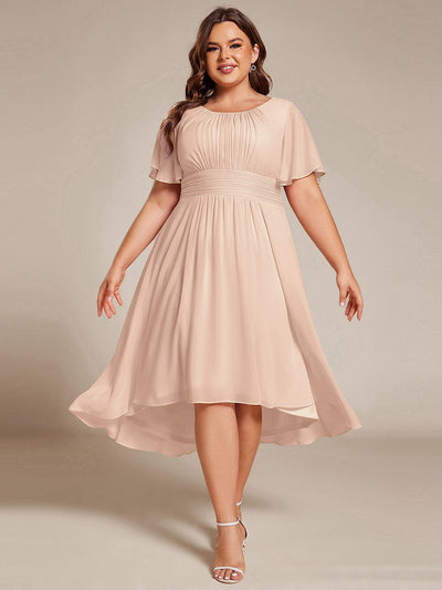 Flowy Chiffon Round Neckline A-Line Knee Length Wedding Guest Dress #color_Blush