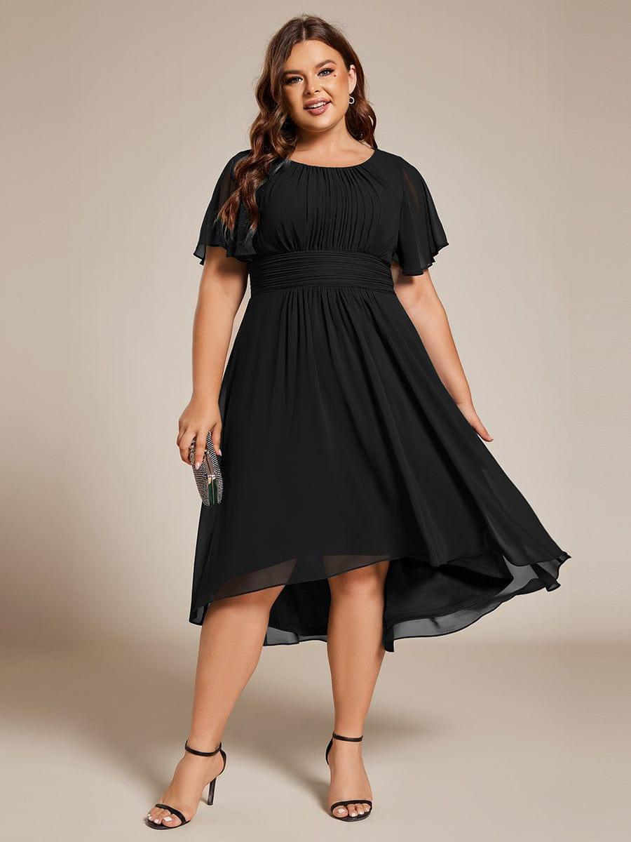 Flowy Chiffon Round Neckline A-Line Knee Length Wedding Guest Dress #color_Black