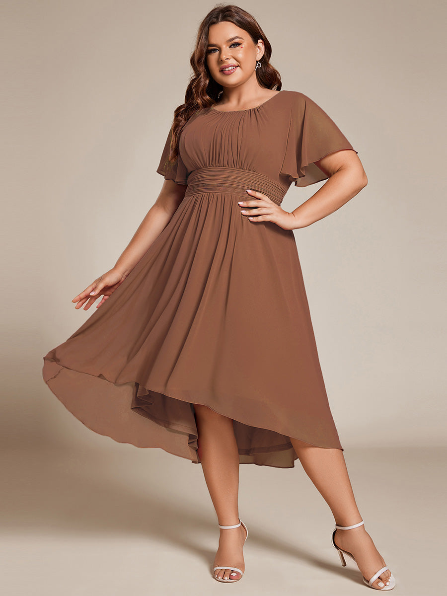 Flowy Chiffon Round Neckline A-Line Knee Length Wedding Guest Dress #Couleur_Brown