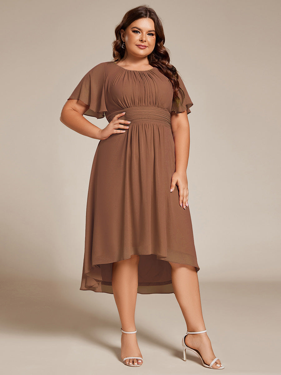 Flowy Chiffon Round Neckline A-Line Knee Length Wedding Guest Dress #Couleur_Brown