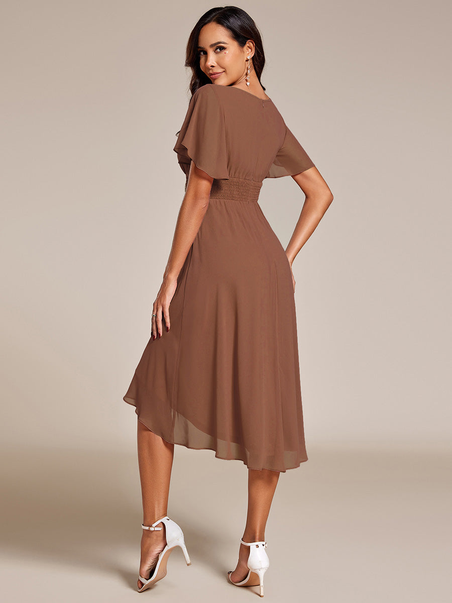 Flowy Chiffon Round Neckline A-Line Knee Length Wedding Guest Dress #Couleur_Brown