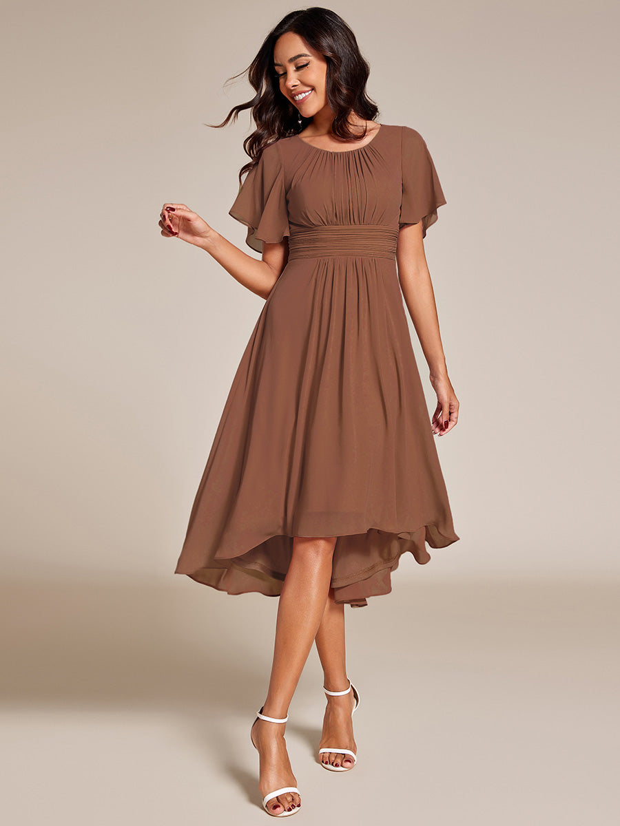 Flowy Chiffon Round Neckline A-Line Knee Length Wedding Guest Dress #Couleur_Brown