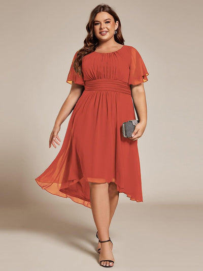 Flowy Chiffon Round Neckline A-Line Knee Length Wedding Guest Dress #color_Burnt Orange
