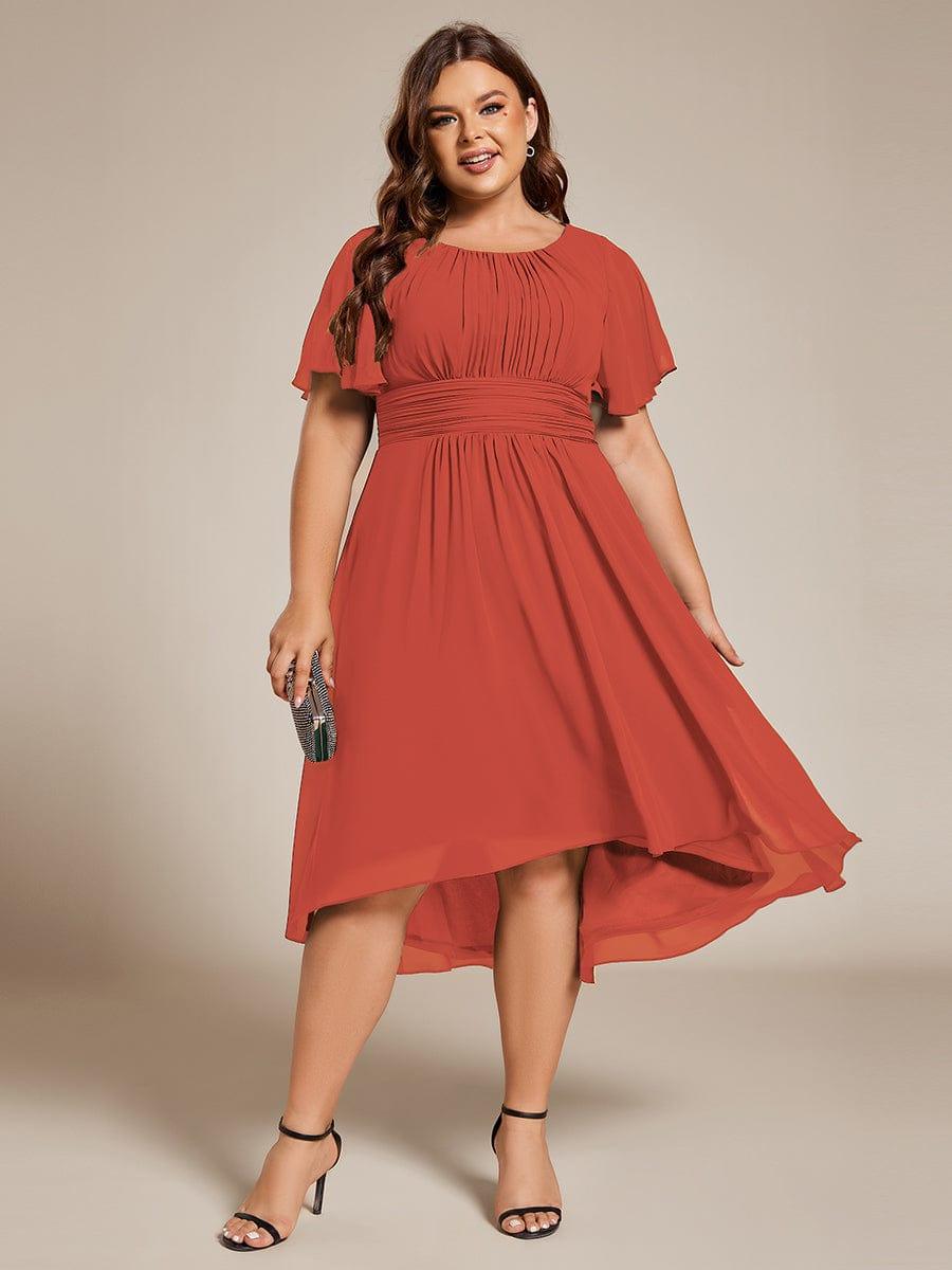 Flowy Chiffon Round Neckline A-Line Knee Length Wedding Guest Dress #color_Burnt Orange