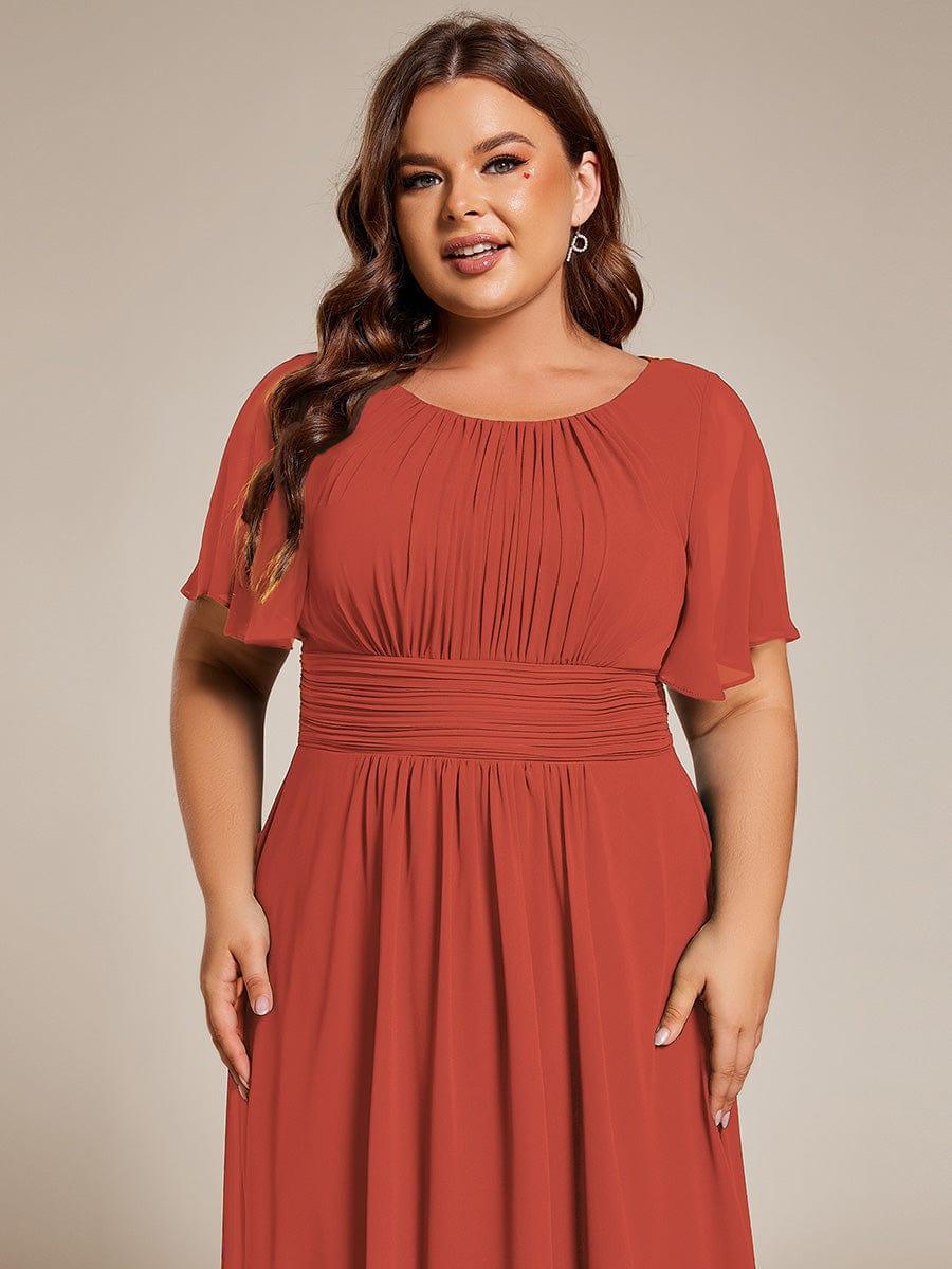 Flowy Chiffon Round Neckline A-Line Knee Length Wedding Guest Dress #color_Burnt Orange