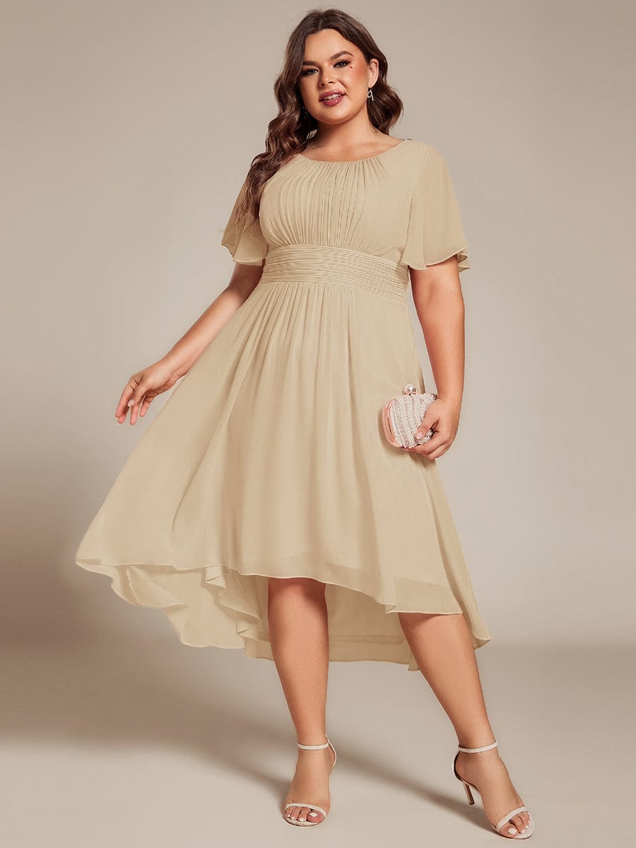 Flowy Chiffon Round Neckline A-Line Knee Length Wedding Guest Dress #color_Champagne