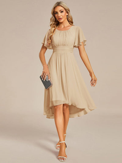 Flowy Chiffon Round Neckline A-Line Knee Length Wedding Guest Dress #color_Champagne