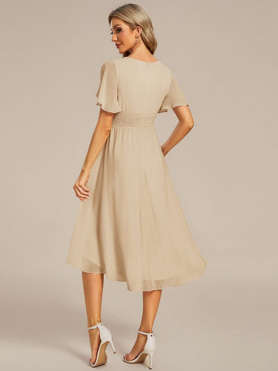 Flowy Chiffon Round Neckline A-Line Knee Length Wedding Guest Dress #color_Champagne