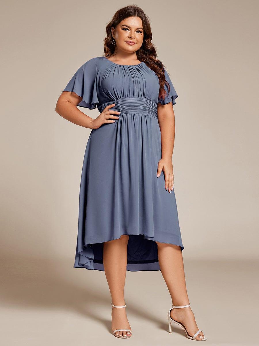 Flowy Chiffon Round Neckline A-Line Knee Length Wedding Guest Dress #color_Dusty Blue