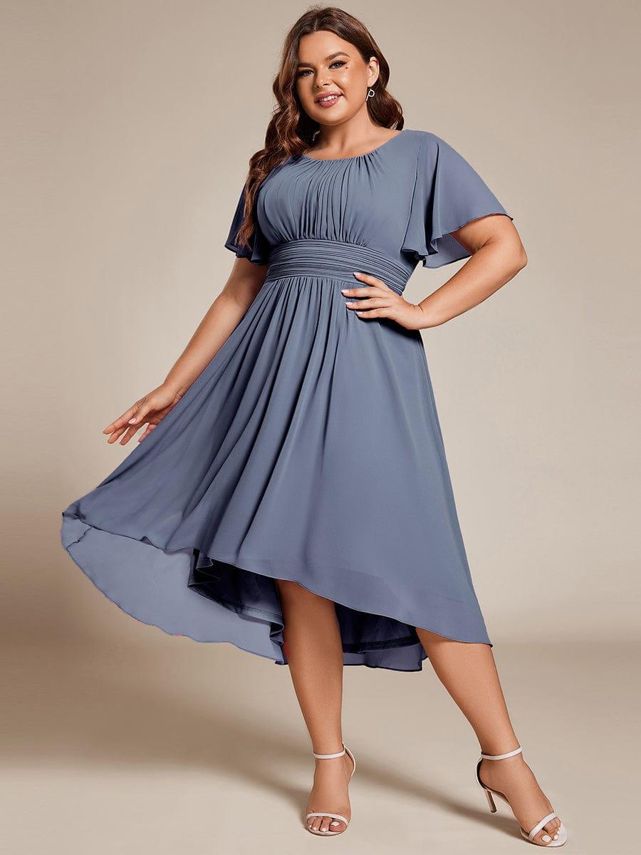 Flowy Chiffon Round Neckline A-Line Knee Length Wedding Guest Dress #color_Dusty Blue
