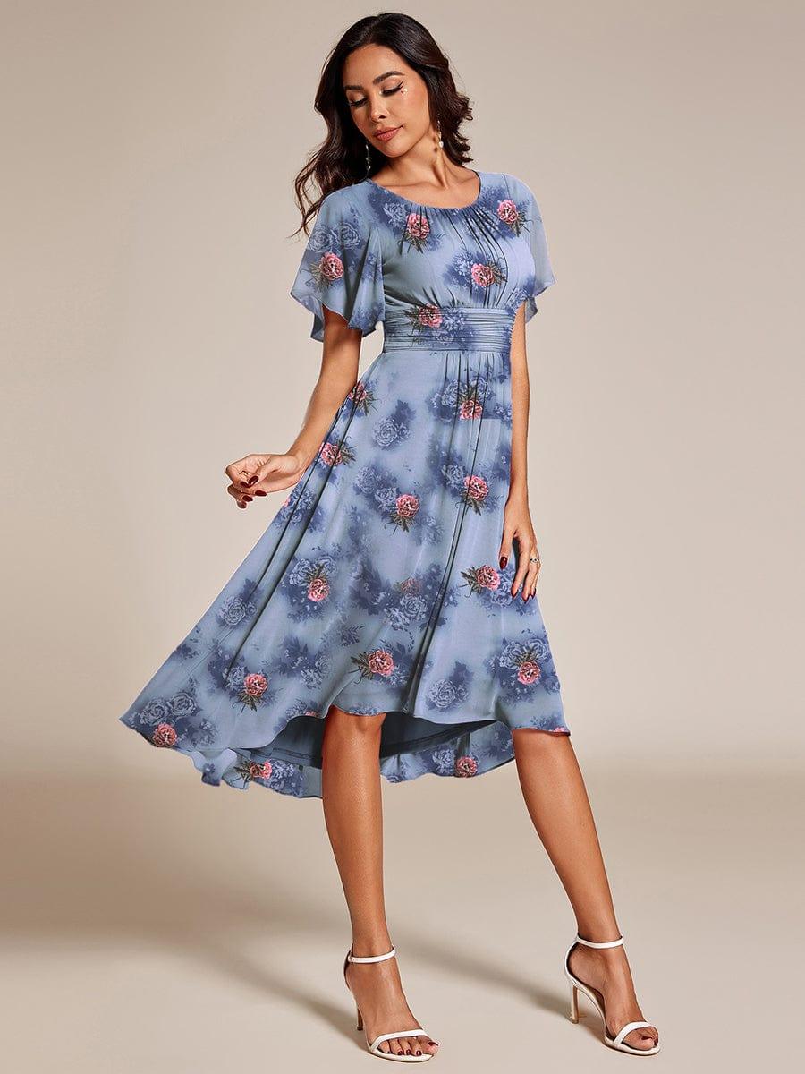 a-line dress pear shaped body flattering Round Neck Floral A-Line Midi Wedding Guest Dress with Short Sleeves