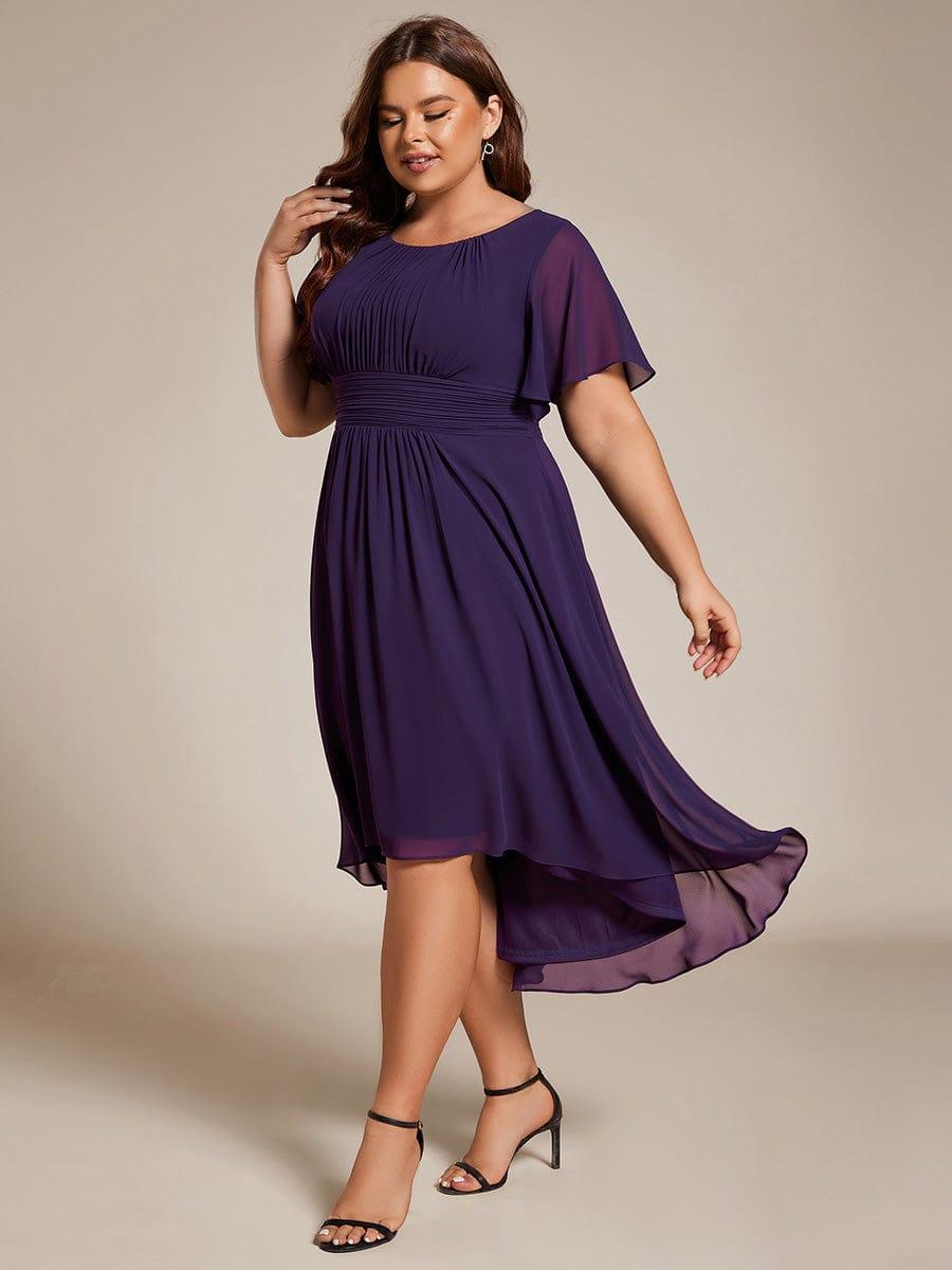 Flowy Chiffon Round Neckline A-Line Knee Length Wedding Guest Dress #color_Dark Purple