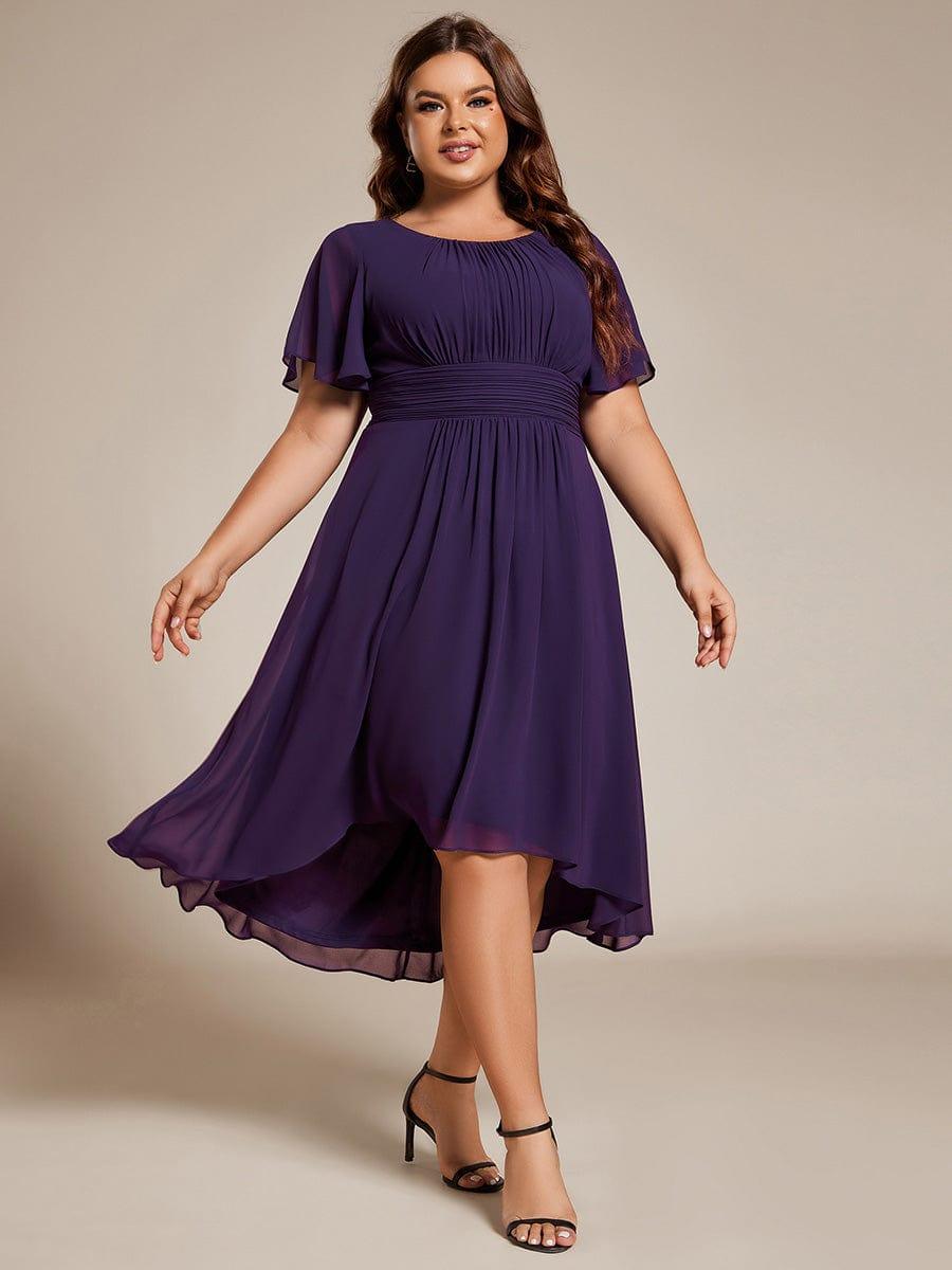 Flowy Chiffon Round Neckline A-Line Knee Length Wedding Guest Dress #color_Dark Purple