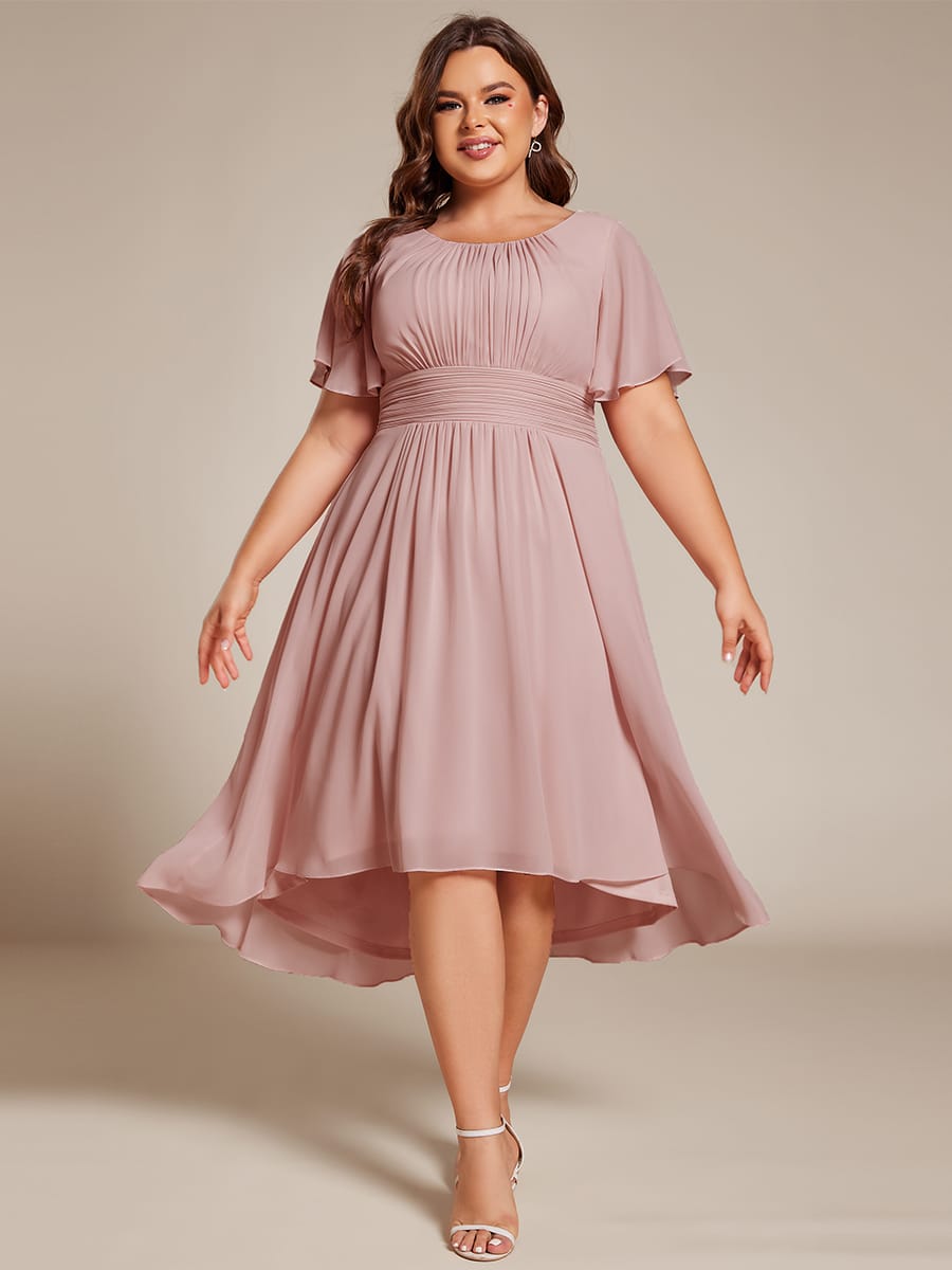 Flowy Chiffon Round Neckline A-Line Knee Length Wedding Guest Dress #color_Dusty Rose