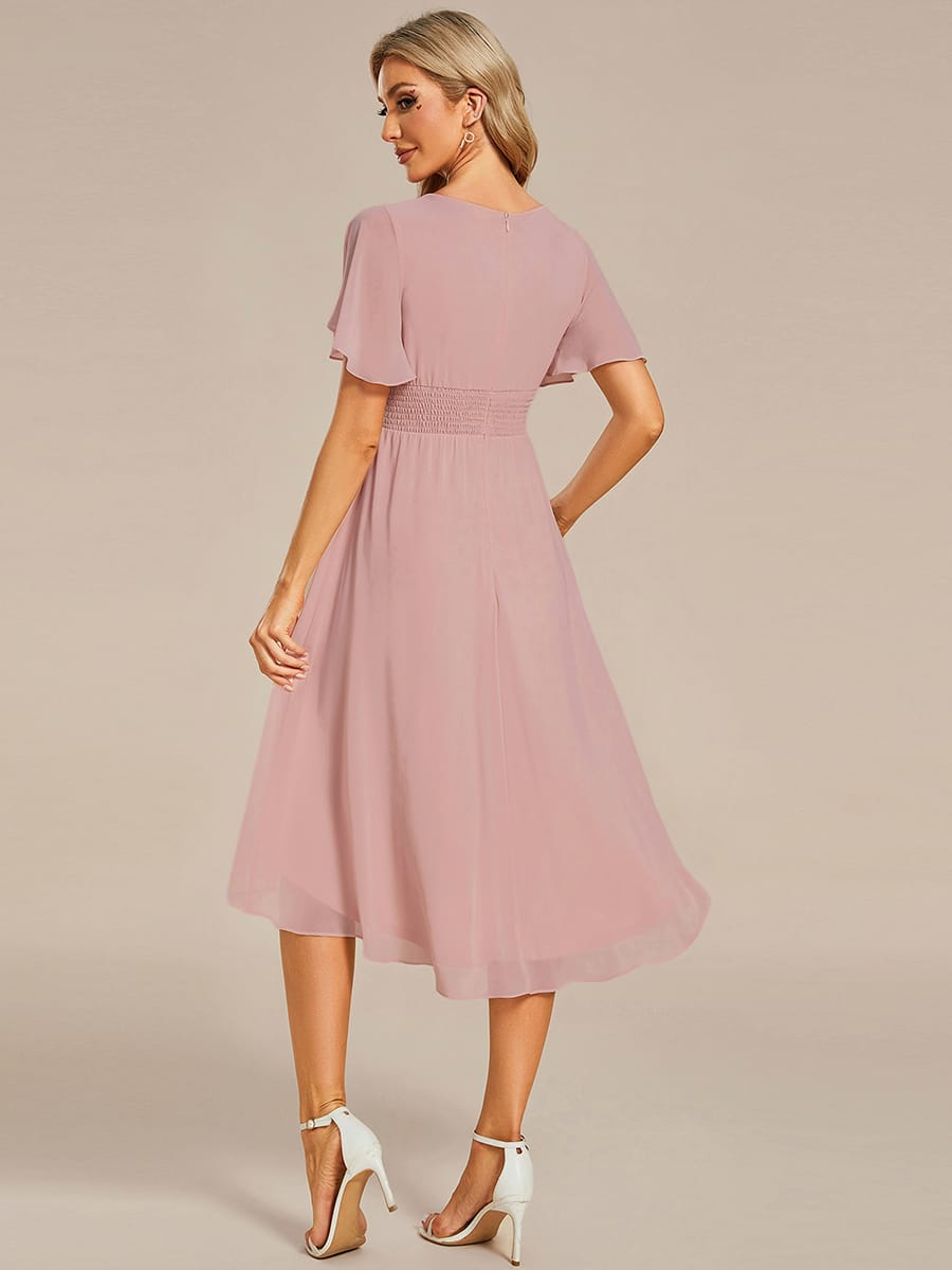 Flowy Chiffon Round Neckline A-Line Knee Length Wedding Guest Dress #color_Dusty Rose