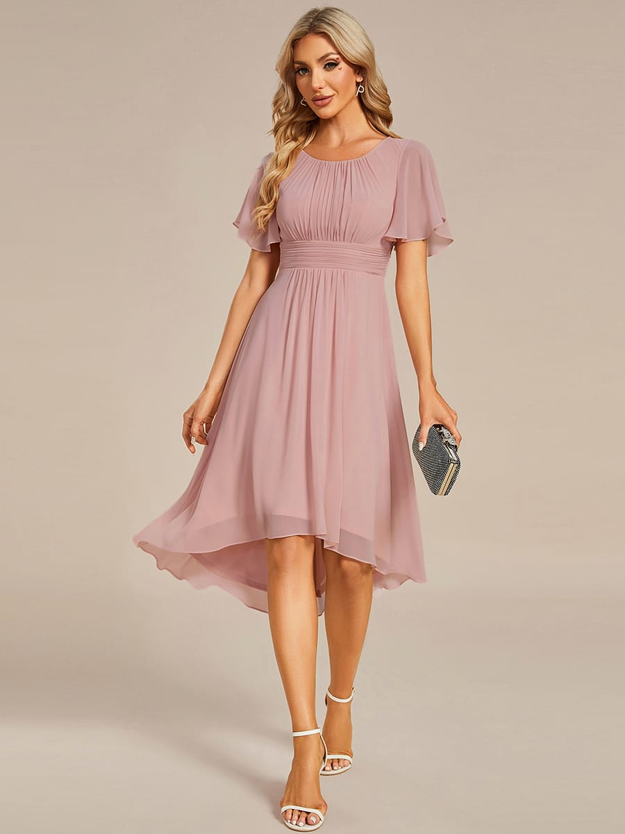 Flowy Chiffon Round Neckline A-Line Knee Length Wedding Guest Dress #color_Dusty Rose