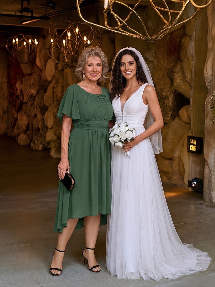 Flowy Chiffon Round Neckline A-Line Knee Length Wedding Guest Dress #color_Eucalyptus Green