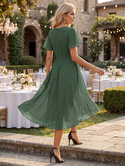 Flowy Chiffon Round Neckline A-Line Knee Length Wedding Guest Dress #color_Eucalyptus Green